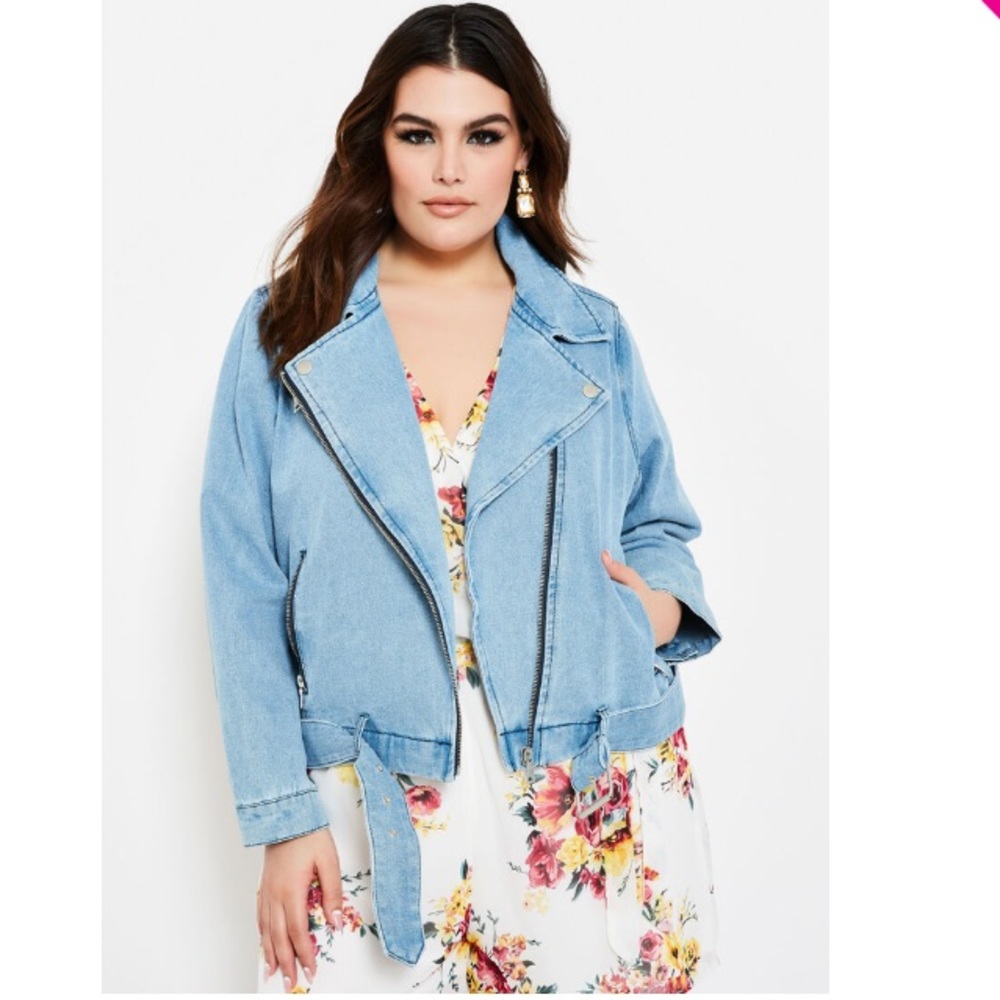 Denim Belted Moto Zip Jacket